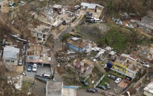 Aerial view of a community in Haiti damaged by an earthquake