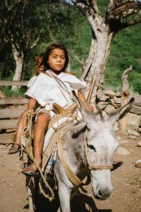 Two children ride a donkey in the community of Katansama, Colombia