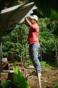 Man helps set up a solar energy array in Colombia to combat energy poverty