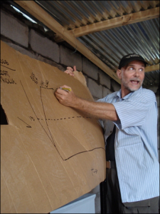 Drawing a diagram on cardboard at a Solar Electric Fund project site