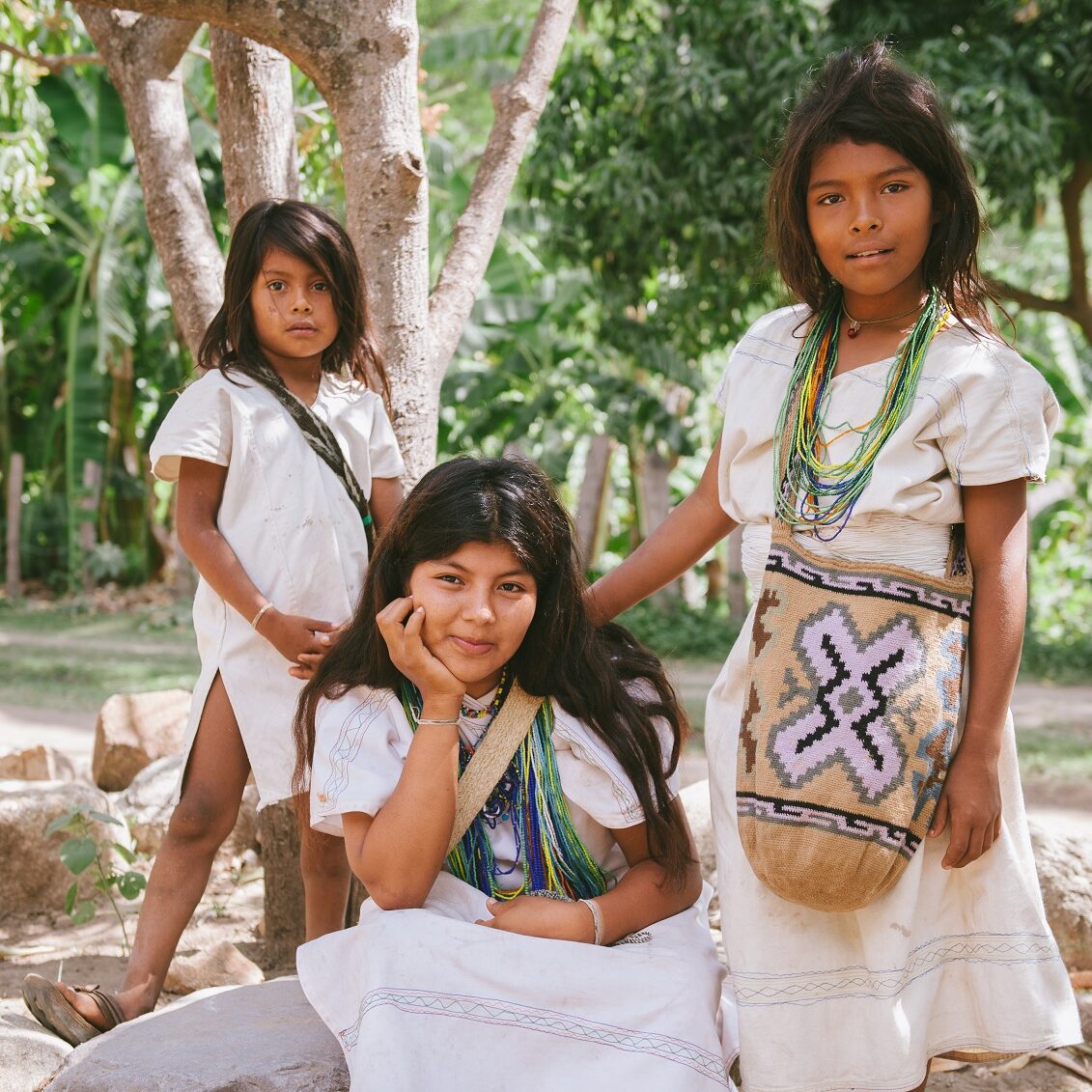 Three Arhuaco children pose for a photo among the trees